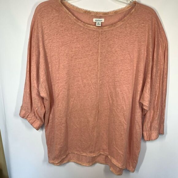 Sundance Women's Frayed Neck Linen 3/4 Sleeve Top Coral Pink Size Medium - Picture 1 of 7